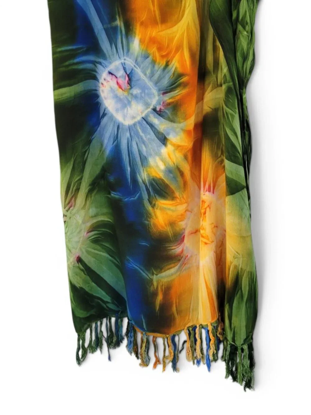 Tie Dyed Fringed Sarong Shawl - Beach Ready in Unique Blue, Green, Gold Pattern